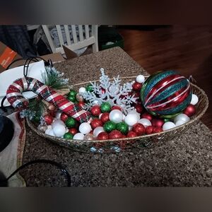 Elegant Holiday Ornament Basket with Red, Green, and White Accents